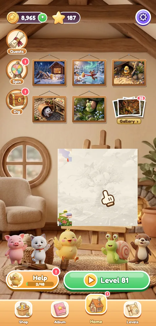 The Story House with finished pictures on the wall and friends at home