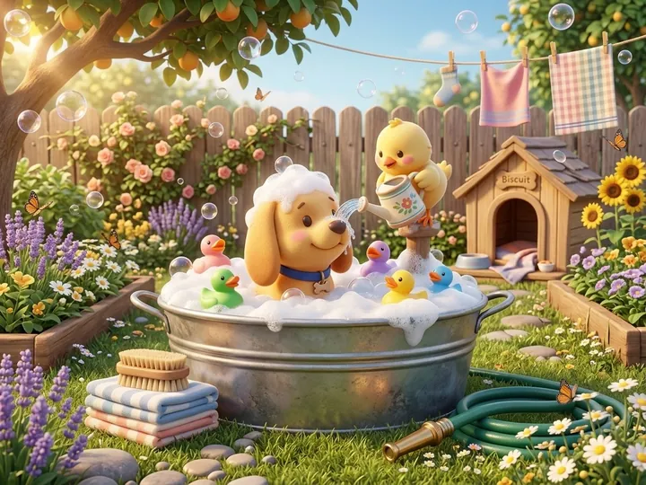 Biscuit the puppy buried in soap bubbles on bath day
