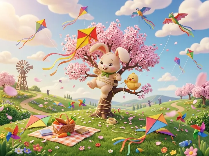Clover the bunny tangled in her kite string at a spring festival