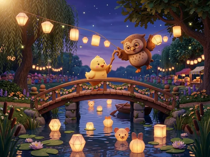 Hoot the owl caught in a string of lanterns over a river