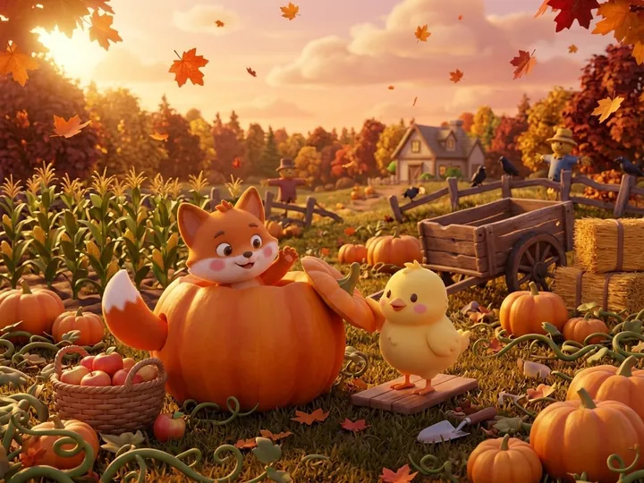 Rusty the fox cub stuck inside a big pumpkin