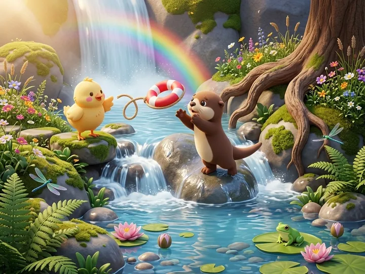 Ollie the otter holding on to a rock by a waterfall